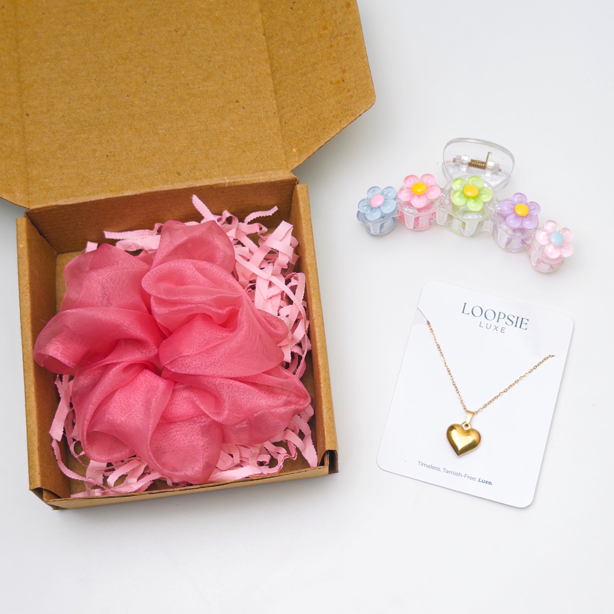 Golden Heart Necklace Gift Hamper for Girls – Scrunchie & Flower Hair Claw
