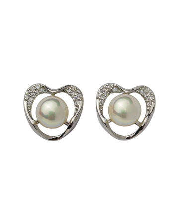 Silver Pearl Heart Studs